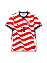 USA 2026 World Cup home football jersey with PULISIC #10, flowing red and white stripes, navy collar and cuffs, federation crest, and matching front and back player print.