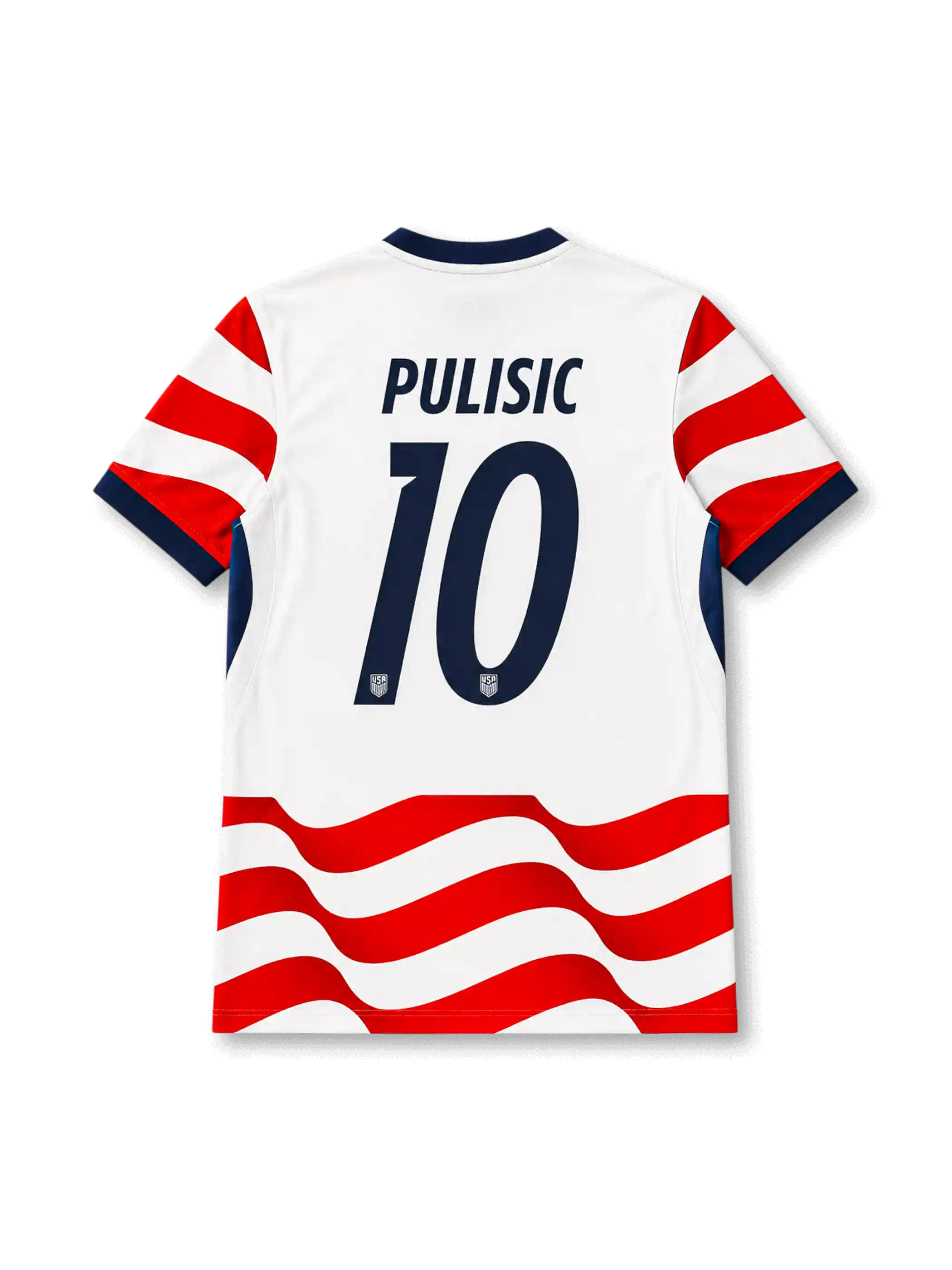 USA 2026 World Cup home football jersey with PULISIC #10, flowing red and white stripes, navy collar and cuffs, federation crest, and matching front and back player print.