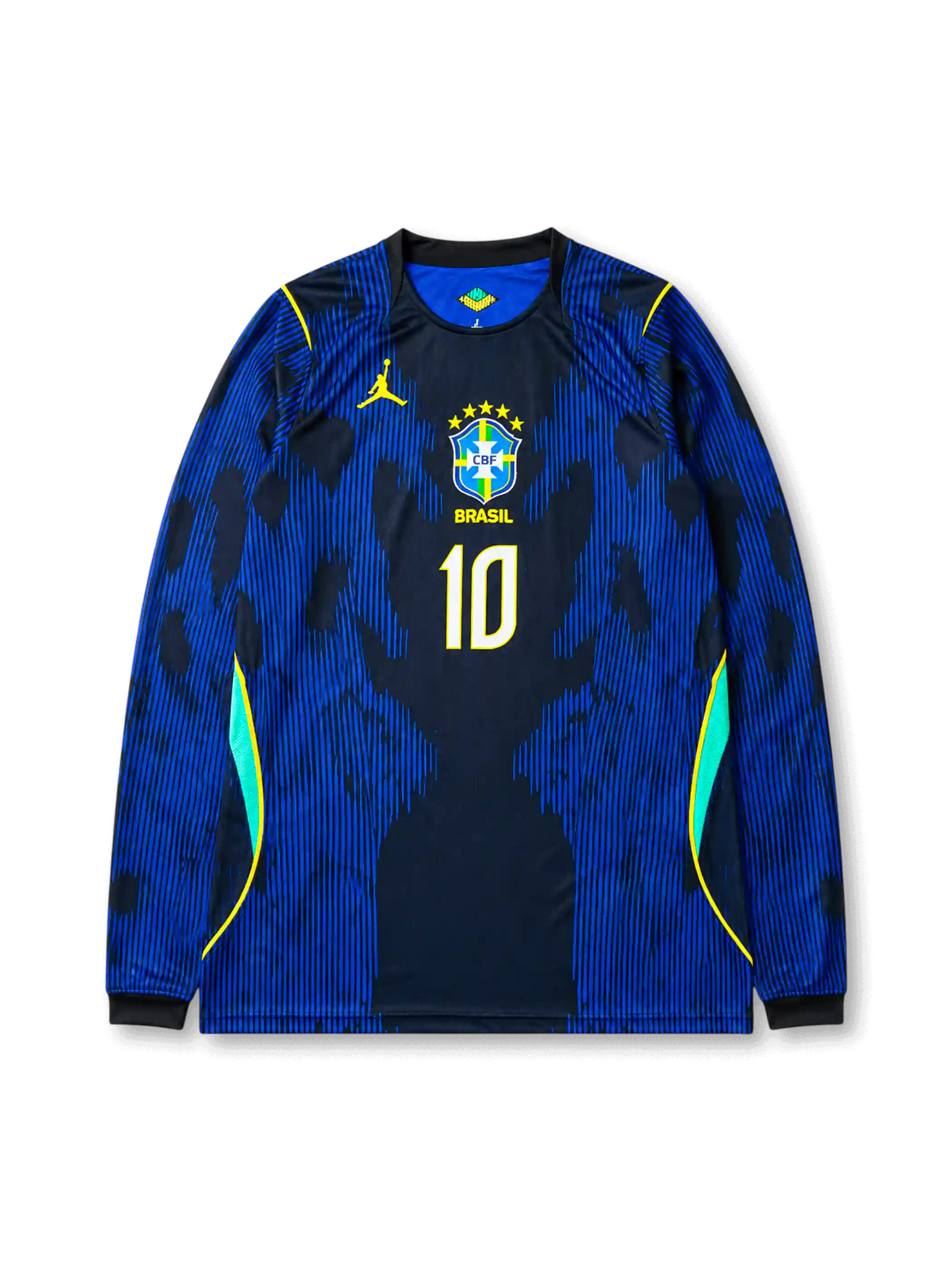 Brazil 2026 World Cup away long sleeve football jersey with Neymar Jr. #10, dark blue graphic pattern, neon yellow details, Brazil crest, and matching front and back player print.