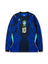 Brazil 2026 World Cup away long sleeve football jersey with Neymar Jr. #10, dark blue graphic pattern, neon yellow details, Brazil crest, and matching front and back player print.