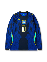 Brazil 2026 World Cup away long sleeve football jersey with Neymar Jr. #10, dark blue graphic pattern, neon yellow details, Brazil crest, and matching front and back player print.