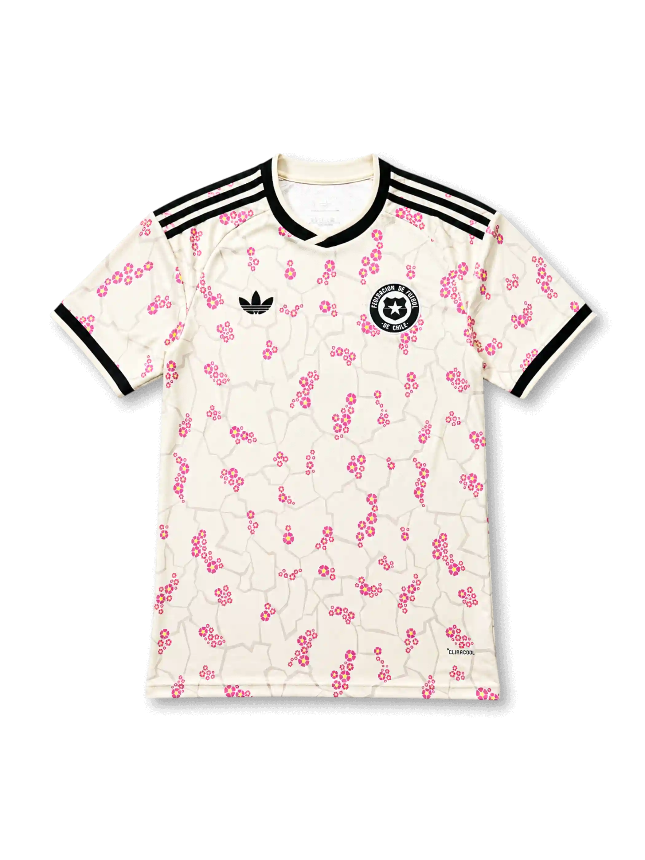 Front view of the Chile 2026–27 away football jersey with pink floral graphics and black trim