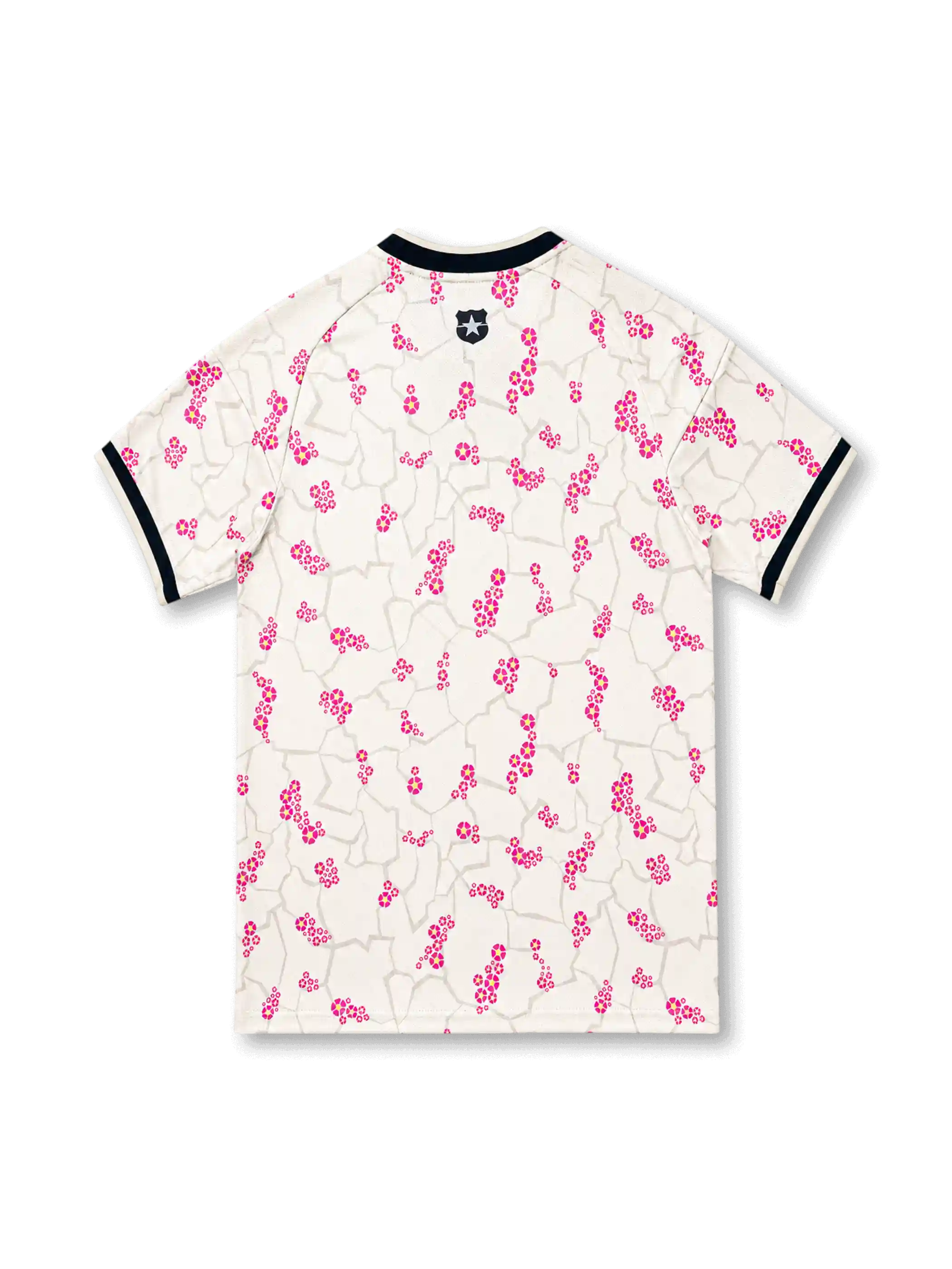 Front view of the Chile 2026–27 away football jersey with pink floral graphics and black trim