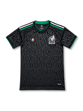 Front view of the Mexico 2026–27 second away black football jersey with tonal geometric pattern and green trim