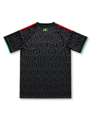 Back view of the Mexico 2026–27 second away black football jersey with tonal pattern and red shoulder accents