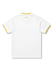 Venezuela 2026/27 away shirt with a white body, yellow-trim V-neck, red-blue-yellow shoulder stripes, heritage-style Trefoil chest branding, arched Venezuela wordmark, and La Vinotinto back-neck text.