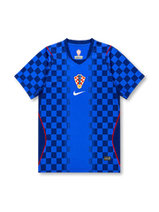 Croatia 2026/27 away shirt with a blue base, dark blue checkered sleeves and lower panels, central Croatia crest, white chest Swoosh, red piping accents, and V-neck collar.