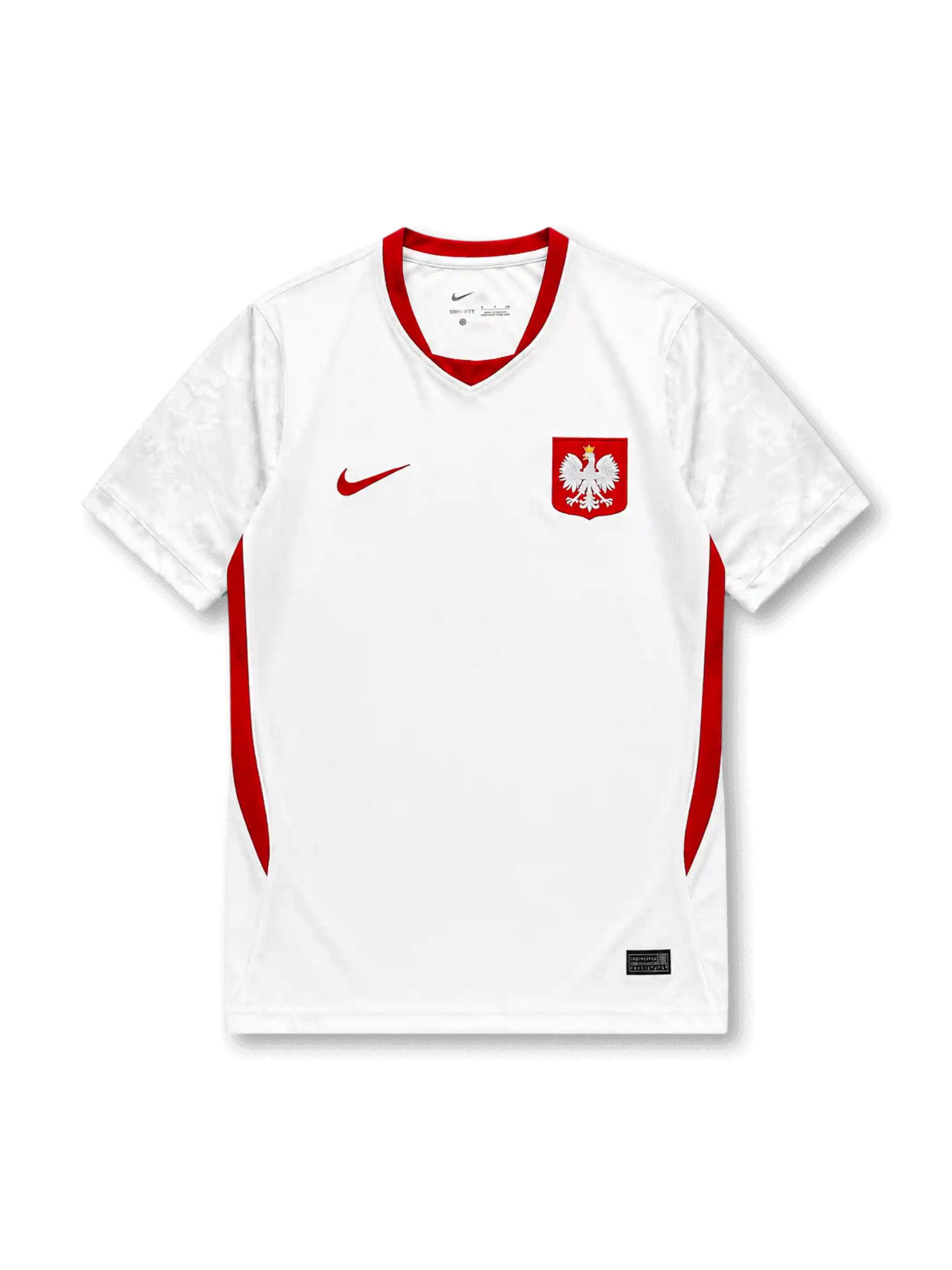 Poland 2026/27 home shirt with a white base, red V-neck collar, red side panels, red chest Swoosh, Poland eagle crest, and Polska back-neck text.
