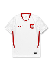 Poland 2026/27 home shirt with a white base, red V-neck collar, red side panels, red chest Swoosh, Poland eagle crest, and Polska back-neck text.
