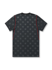 USA 2026/27 away shirt with a dark charcoal base, tonal all-over star pattern, white USA shield crest, white chest Swoosh, red piping accents, and V-neck collar.