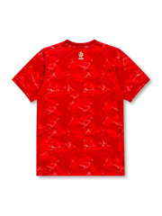 Canada 2026/27 home shirt with a red base, tonal oversized maple leaf front graphic, white Canada crest, white chest Swoosh, dark piping accents, and V-neck collar.