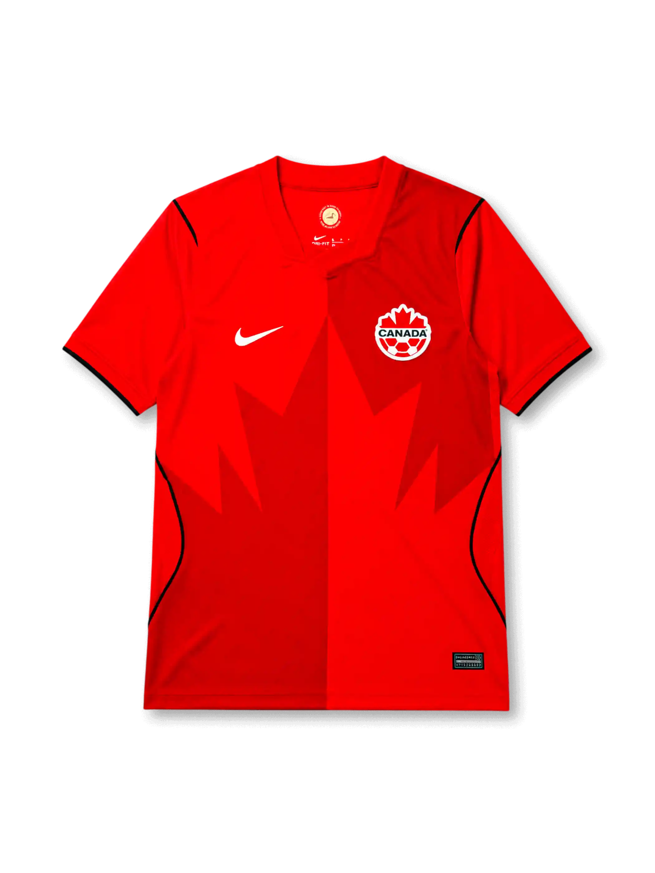 Canada 2026/27 home shirt with a red base, tonal oversized maple leaf front graphic, white Canada crest, white chest Swoosh, dark piping accents, and V-neck collar.