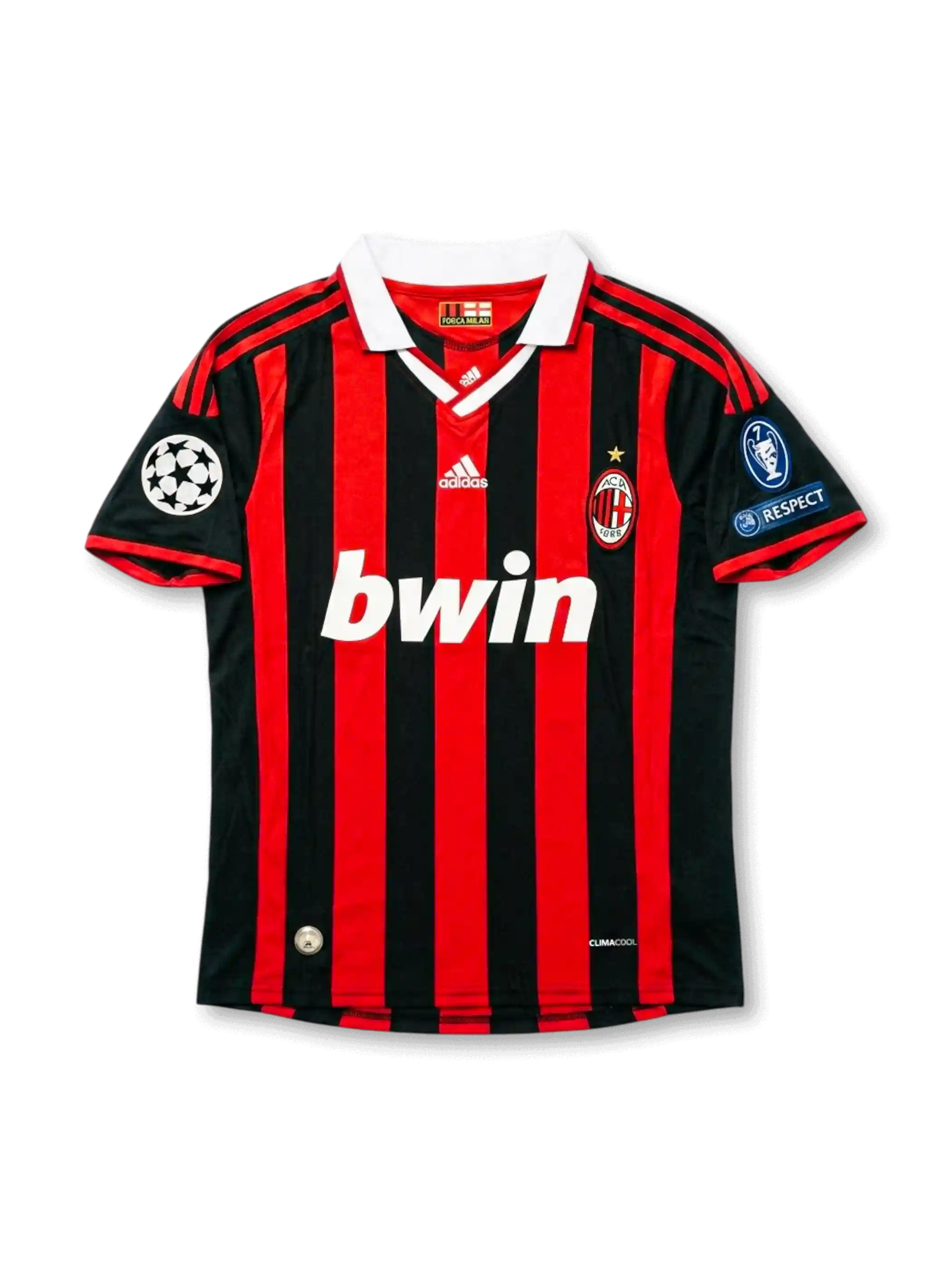 Front view of AC Milan home shirt in red and black stripes with white collar, bwin sponsor, adidas logo, club crest, and European competition sleeve patches.