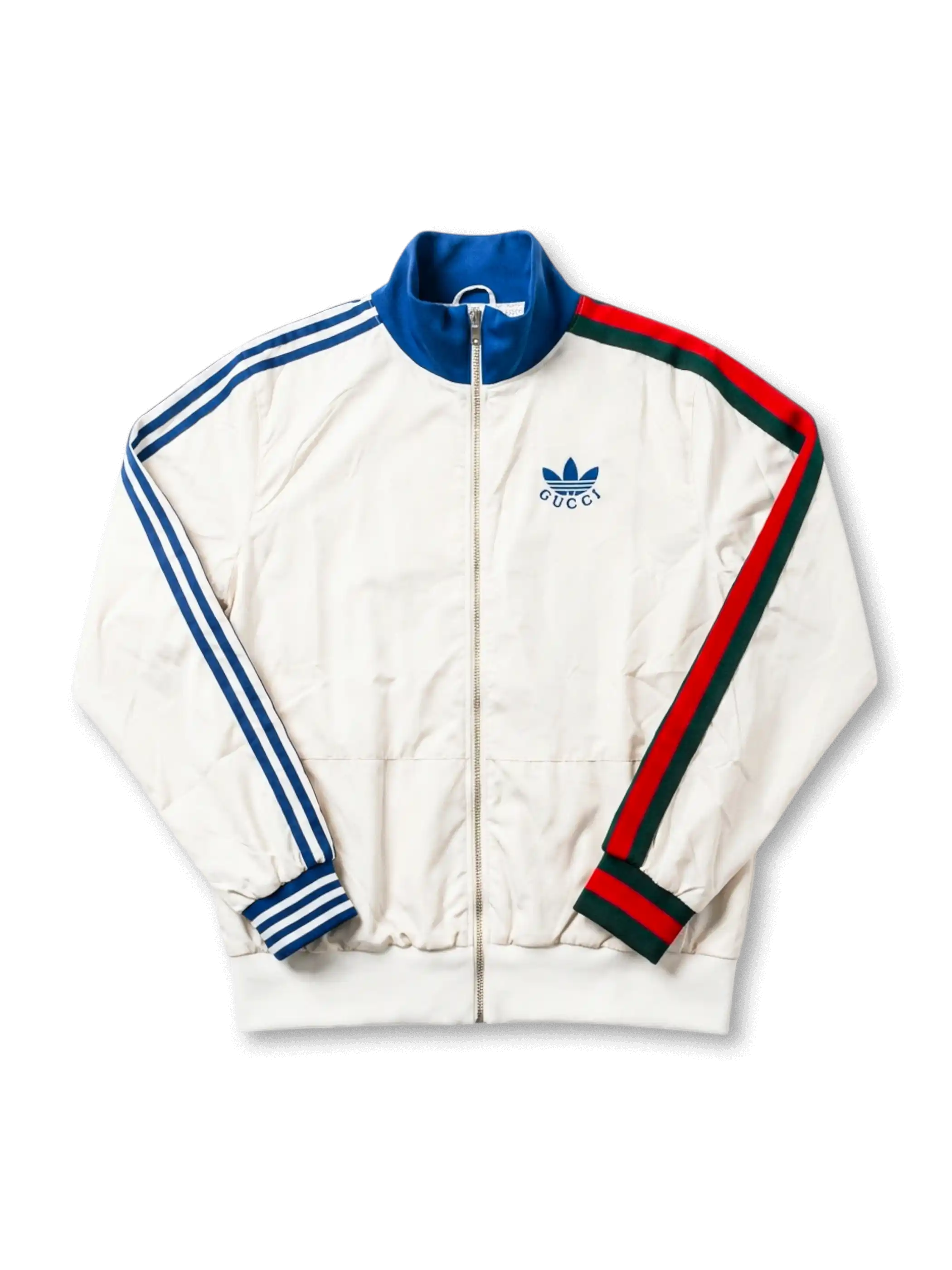 2022 adidas × Gucci collaboration off-white track jacket featuring blue Three Stripes on left sleeve, Gucci Web stripe in red-green-red on right sleeve, and co-branded Trefoil chest logo
