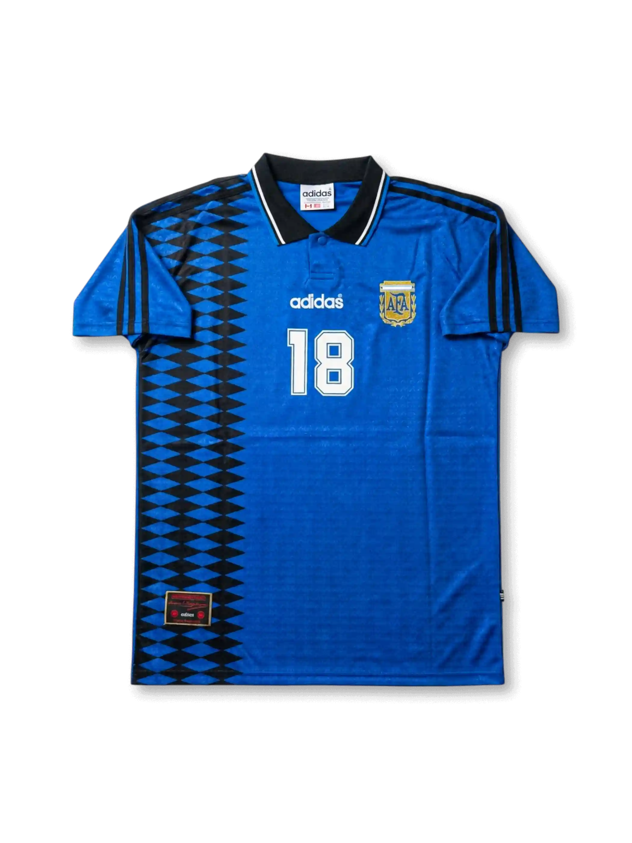 Front view of Argentina 1994-style away shirt in royal blue with black geometric side panel, AFA crest, black collar, and white number 18.