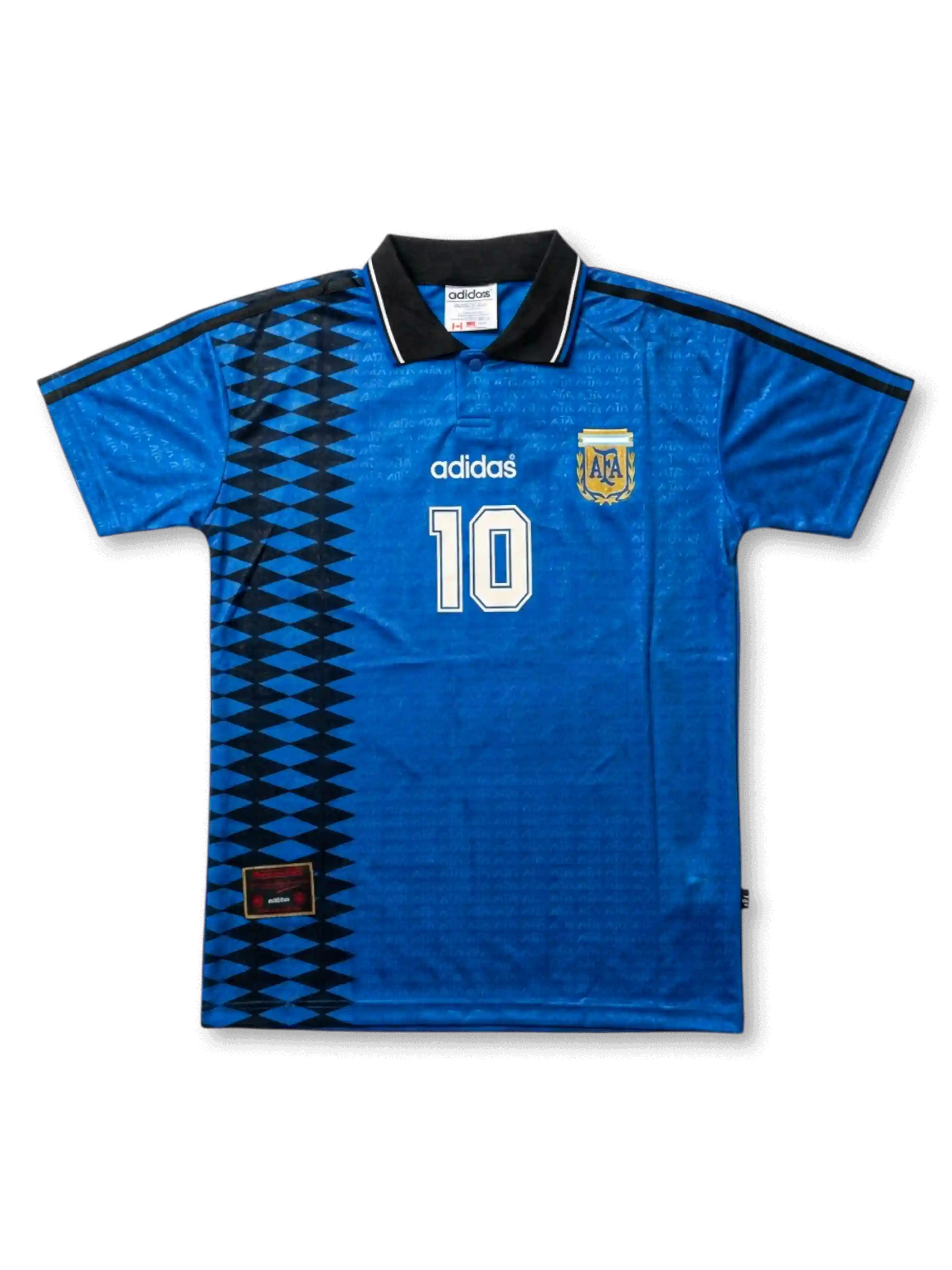 Front view of Argentina 1994 World Cup away shirt in blue with black geometric side panel, AFA crest, adidas logo, and number 10 on the front.