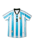 Front view of Argentina 1998 World Cup home shirt with sky blue and white stripes, black collar, AFA crest, black chest logo, and number 9 on the front.