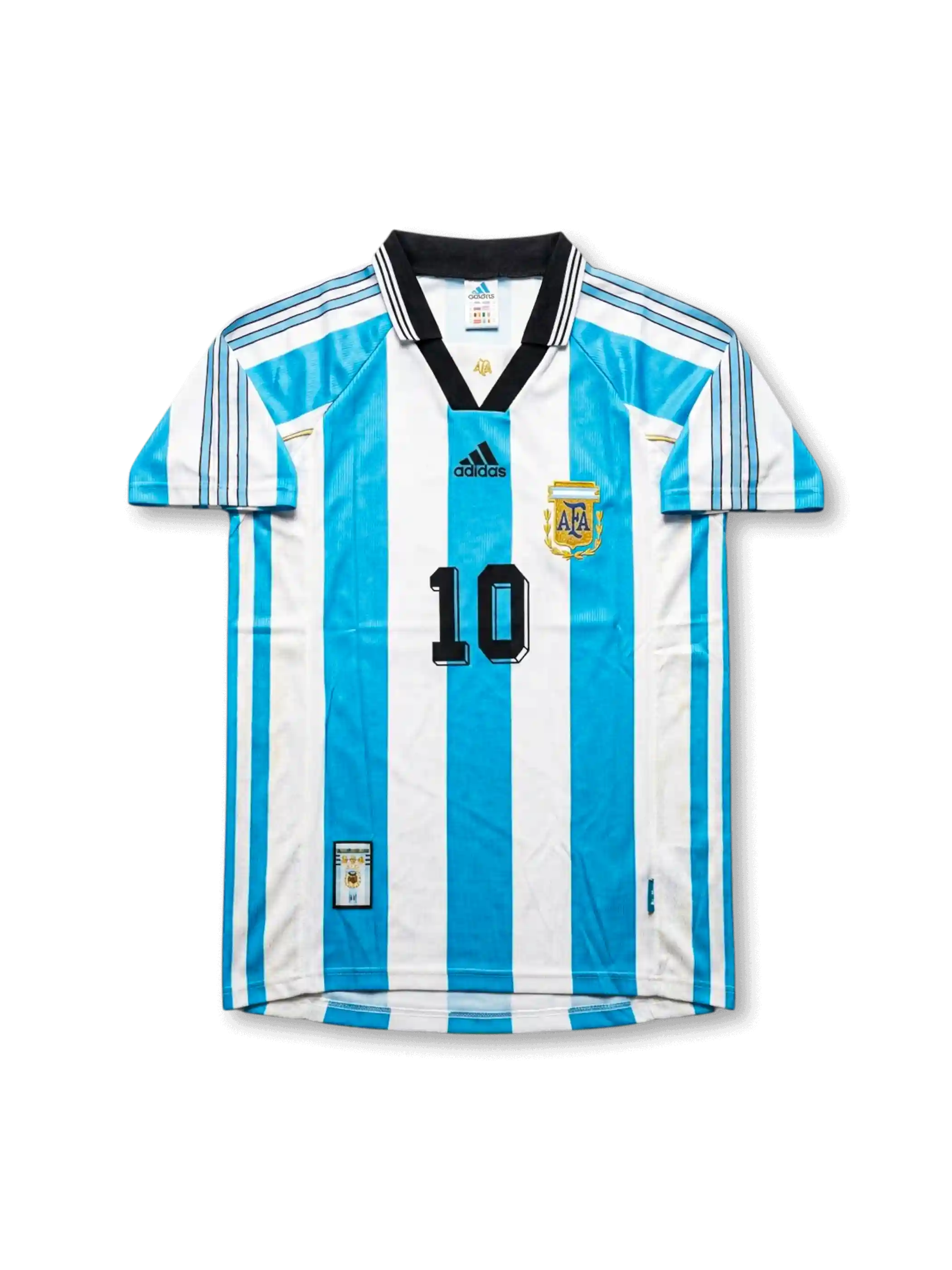 Front view of Argentina 1998 World Cup home shirt with sky blue and white stripes, black collar, AFA crest, adidas logo, and number 10 on the front.