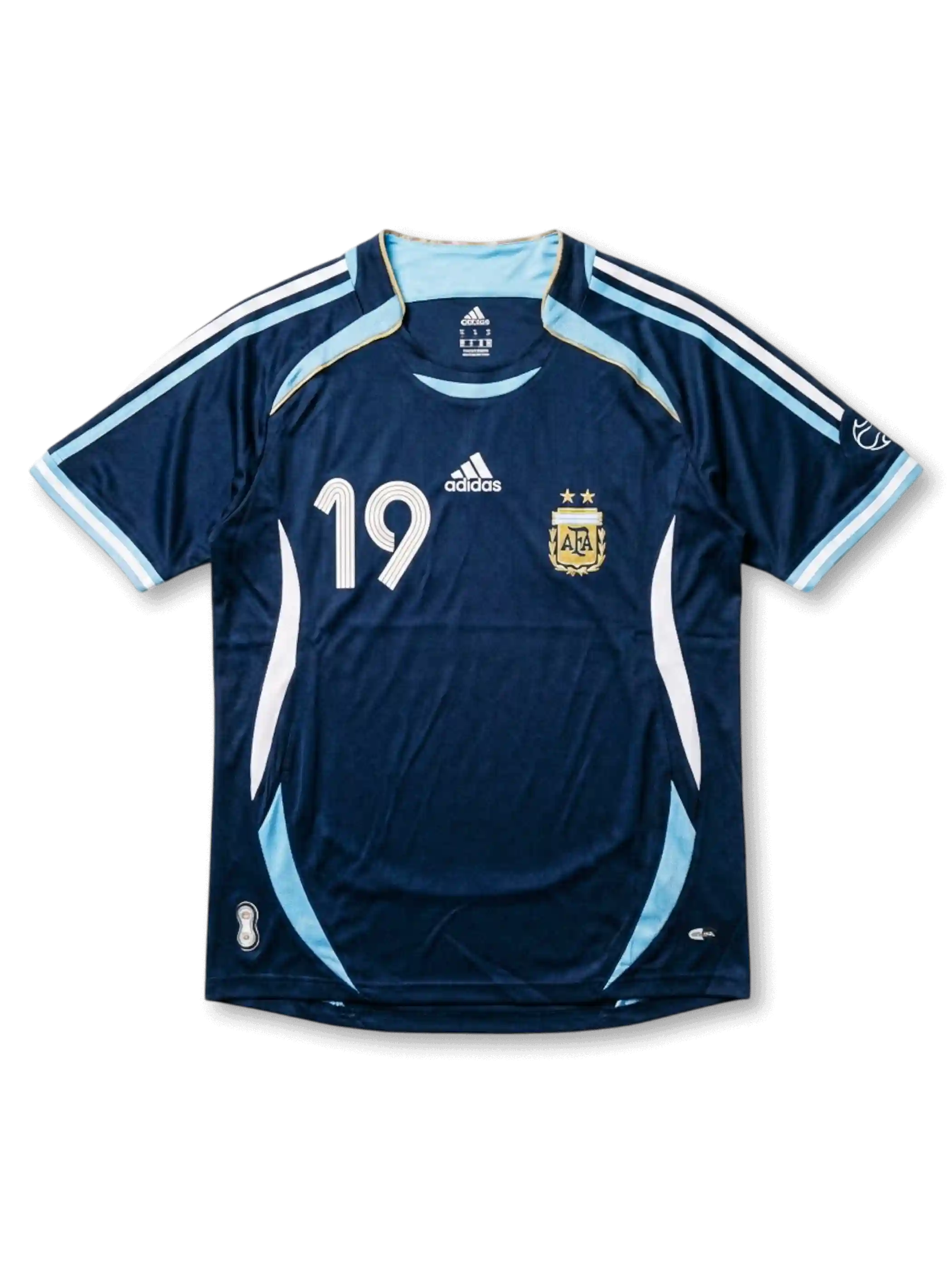 Front view of Argentina 2006 World Cup away shirt in dark navy with light blue trim, AFA crest, adidas logo, and number 19 on the front.