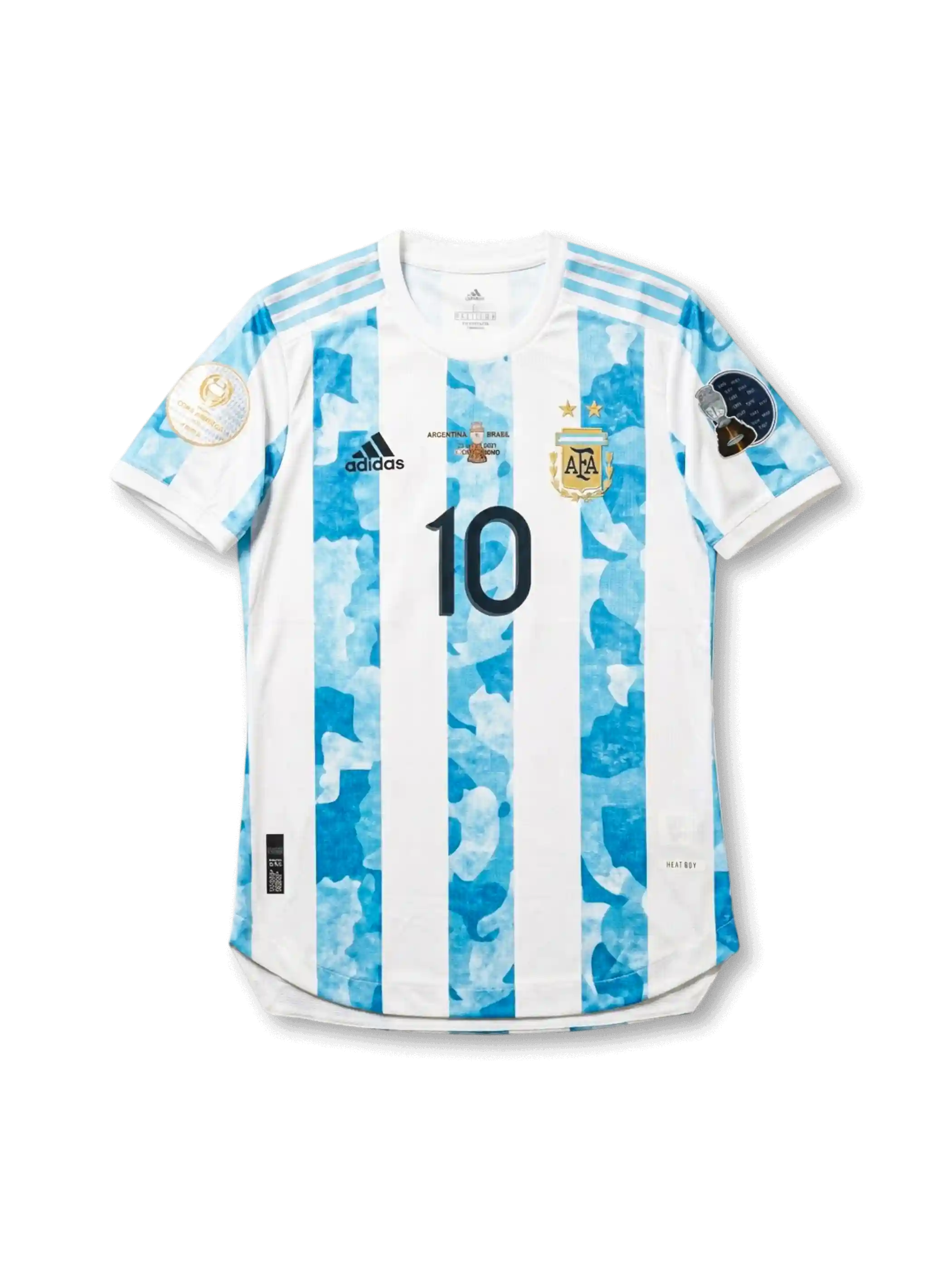 Front view of Argentina 2021 Copa América Final home shirt with white and sky blue stripes, black number 10, AFA crest, final chest print, and tournament sleeve patches.