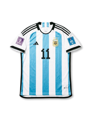 Front view of Argentina 2022 FIFA World Cup home shirt with sky blue and white stripes, black number 11, AFA crest, black shoulder stripes, and Qatar 2022 sleeve patches.
