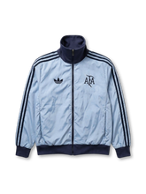 Argentina national team adidas Originals track jacket in sky blue satin-finish nylon with navy Three Stripes, navy ribbed stand collar and cuffs, Trefoil at left chest, vintage AFA monogram crest at right chest