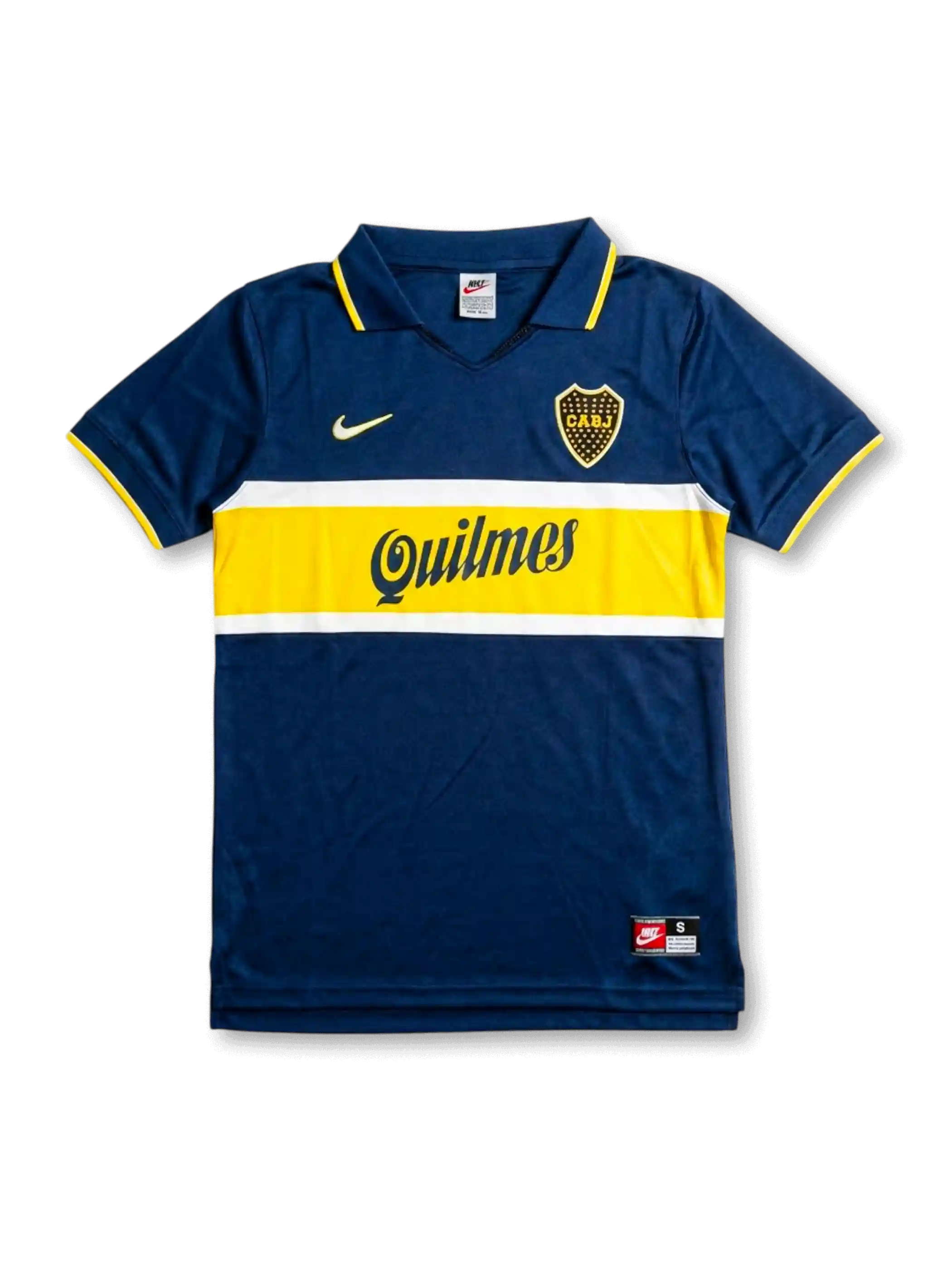 Front view of Boca Juniors home shirt in blue with yellow chest band, Quilmes sponsor, yellow swoosh, CABJ crest, and fold-over collar.