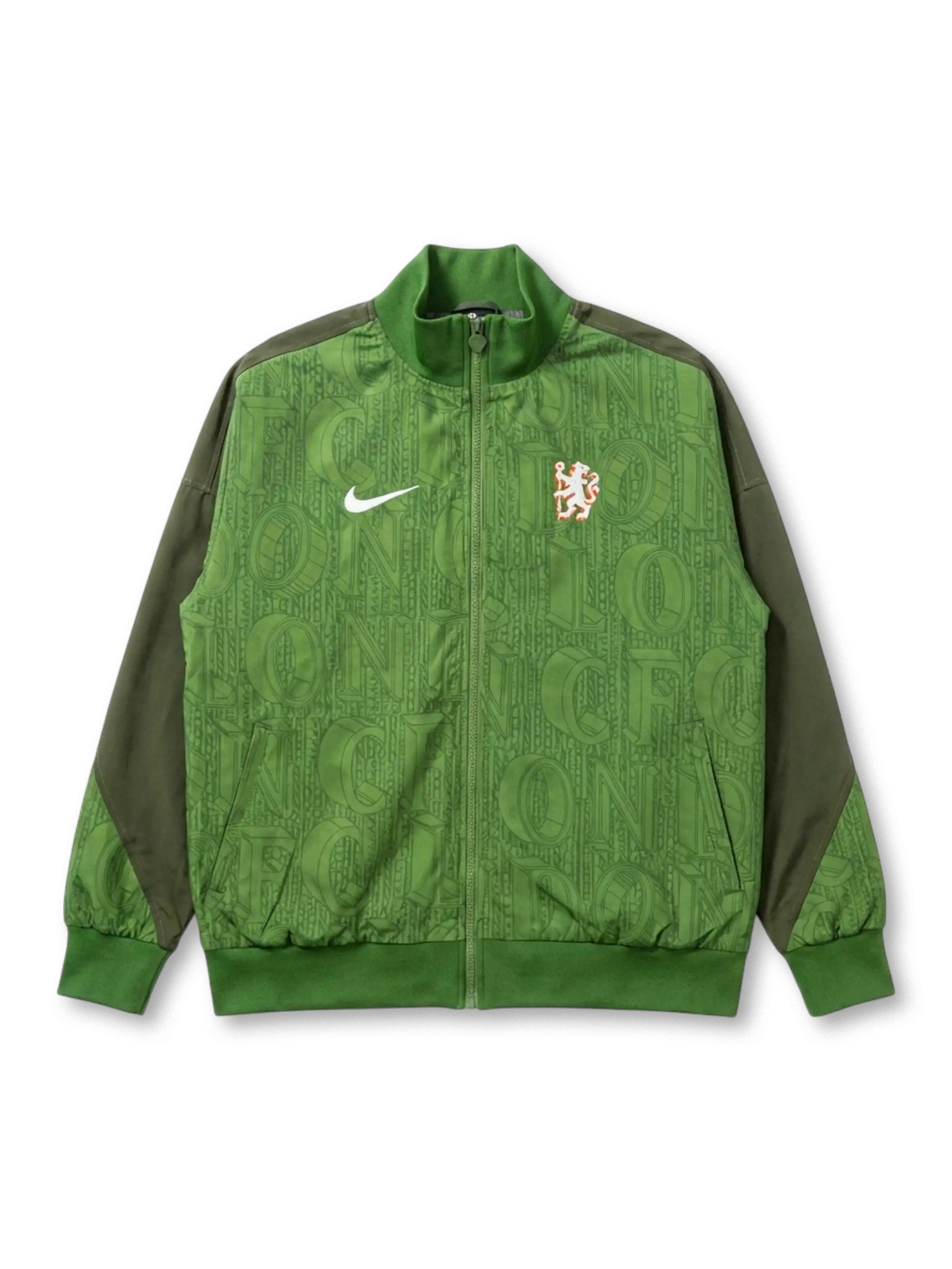 Chelsea FC Nike heritage track jacket in bright green with allover LONDON CFC typography print, vintage lion crest at chest, olive green raglan sleeves