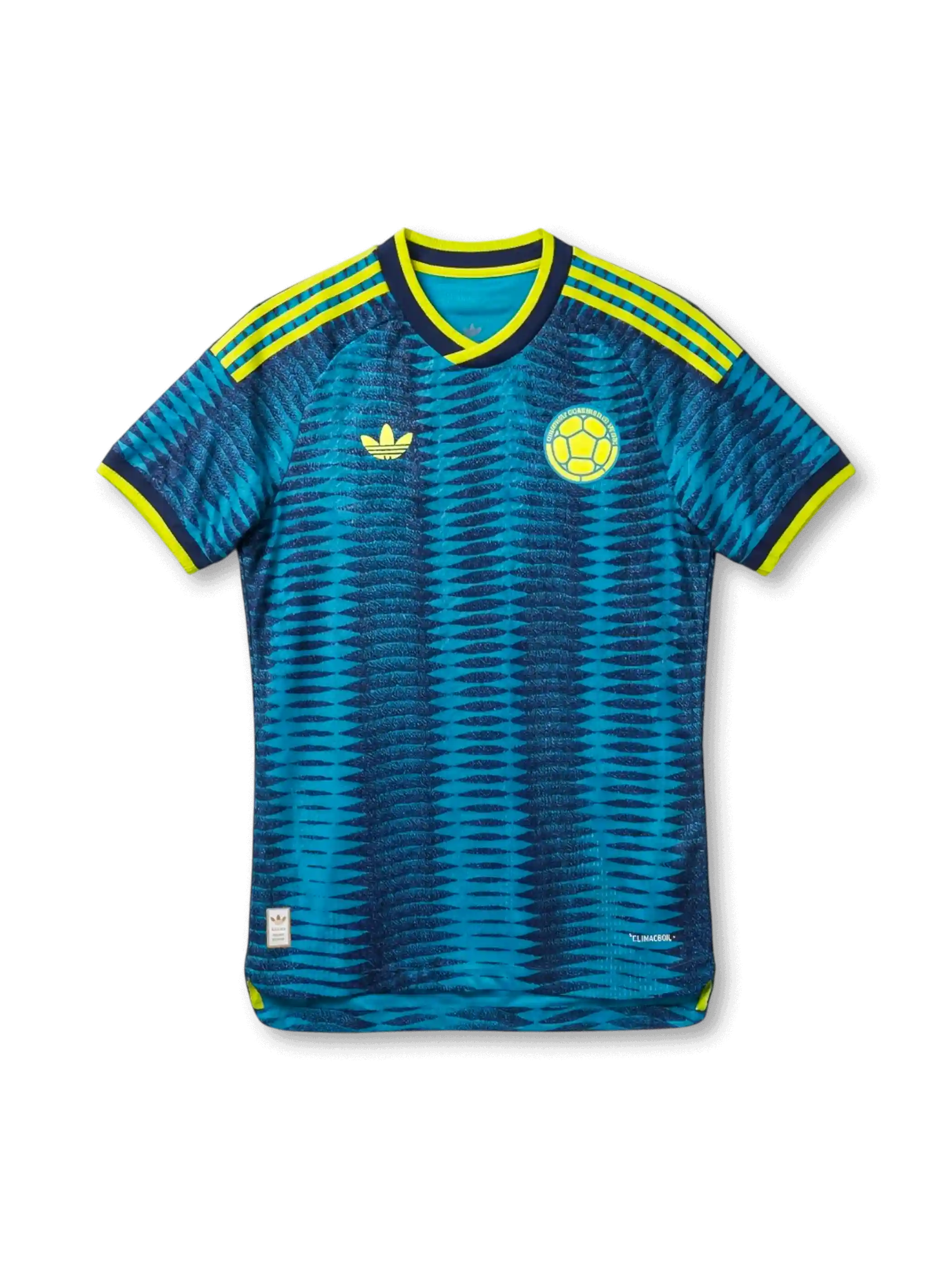 Colombia national team adidas 2026 World Cup Authentic (Player Issue) away jersey in teal with tonal navy diamond-grid jacquard, yellow Three Stripes, yellow and navy layered collar, yellow Trefoil at left chest, FCF sun crest at right chest