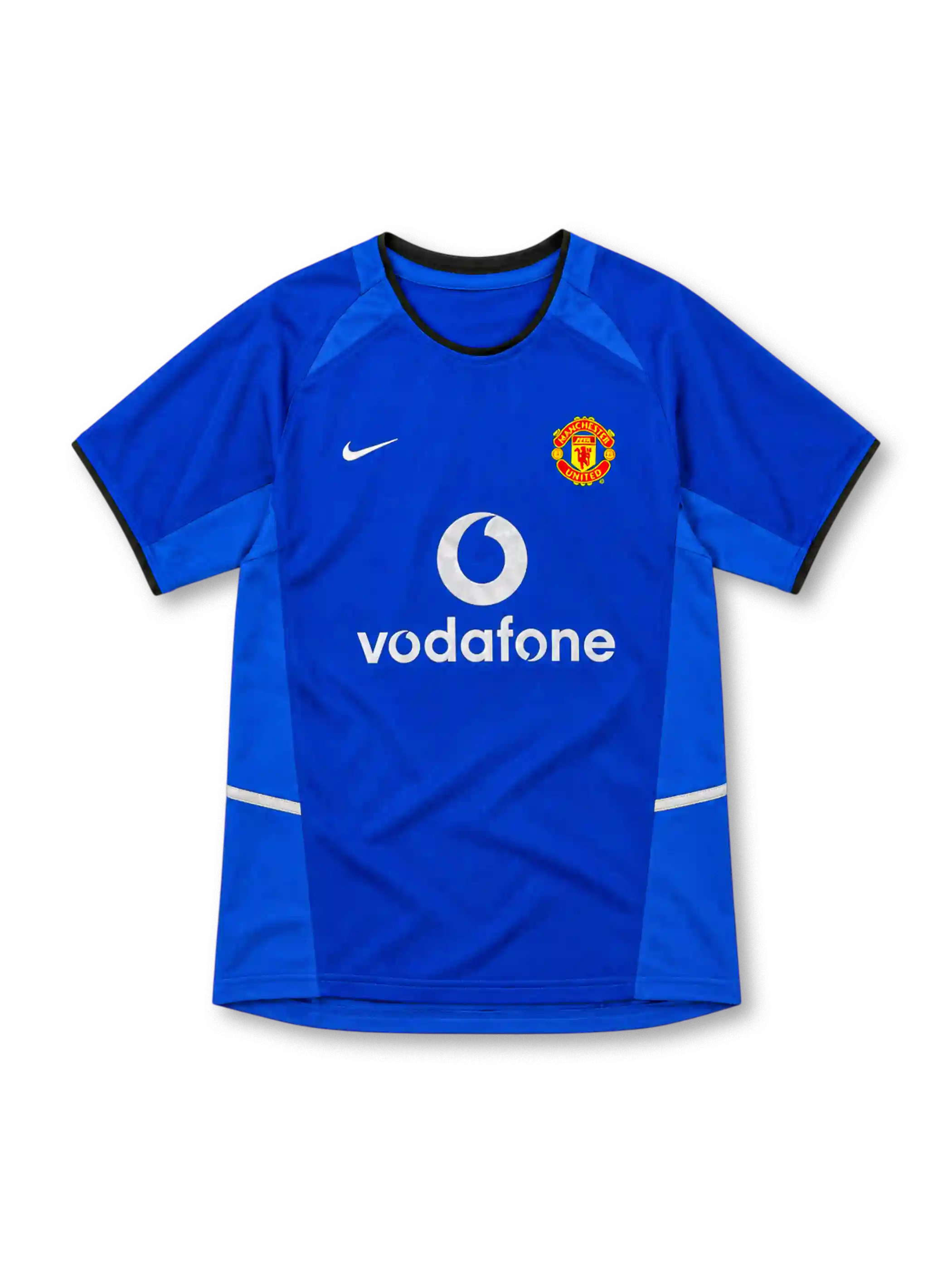 Manchester United 2002/03 royal-blue third jersey with lighter blue side panels, black-trimmed round collar, white Nike Swoosh, club crest and white Vodafone sponsor.