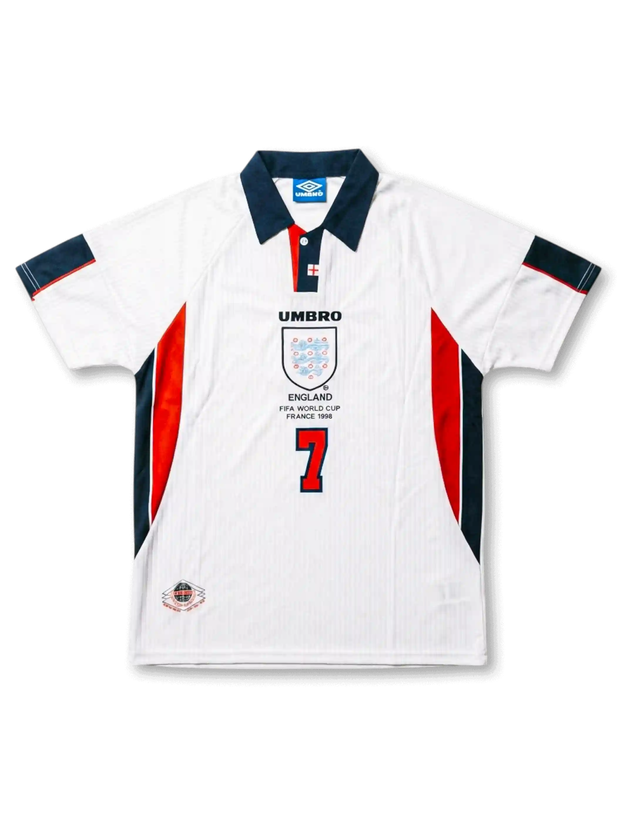 Front view of England 1998 World Cup home shirt in white with navy collar, red side panels, England crest, tournament print, and number 7 on the front.