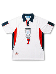 Front view of England 1998 World Cup home shirt in white with navy collar, red side panels, England crest, tournament print, and number 7 on the front.