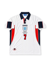 France 1998 FIFA World Cup home jersey featuring Thierry Henry #12, adidas blue soccer shirt with a red chest band, thin white horizontal stripes, white V-neck collar, red white and blue shoulder stripes, France national team rooster crest, white front number 12, and HENRY name with number 12 on the back.