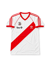 River Plate 1986 Home Jersey #10, retro Argentine club soccer shirt featuring the iconic white base with a red diagonal sash, classic club crest and number 10.