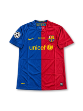 FC Barcelona 2009 UEFA Champions League Final Home Jersey Lionel Messi #10, classic Nike soccer shirt featuring blue and red vertical stripes, FC Barcelona crest, UNICEF sponsor logo, and Messi name and number 10 on the back.