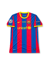FC Barcelona 2011 UEFA Champions League Final Home Jersey Lionel Messi #10, classic Nike soccer shirt featuring blue and red vertical stripes, FC Barcelona crest, UNICEF sponsor logo, and Messi name and number 10 on the back.