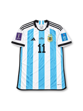Argentina 2022 FIFA World Cup Home Jersey Ángel Di María #11, adidas soccer shirt featuring the iconic sky blue and white vertical stripes, Argentina national team crest, adidas logo, and Di María name and number 11 on the back.