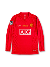 Manchester United 2008 UEFA Champions League Final Home Long Sleeve Jersey Cristiano Ronaldo #7, classic Nike red soccer shirt featuring black and white accents, Manchester United crest, AIG sponsor logo, and Ronaldo name and number 7 on the back.
