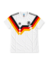 West Germany 1990 FIFA World Cup Home Jersey #10, retro adidas soccer shirt featuring a white base with the iconic black, red and gold geometric chest pattern