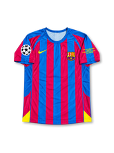 FC Barcelona 2005/06 Paris Champions League Final Home Jersey Samuel Eto'o #9, classic Nike soccer shirt featuring blue and red vertical stripes, FC Barcelona crest, UNICEF sponsor logo, and Eto'o name and number 9 on the back.