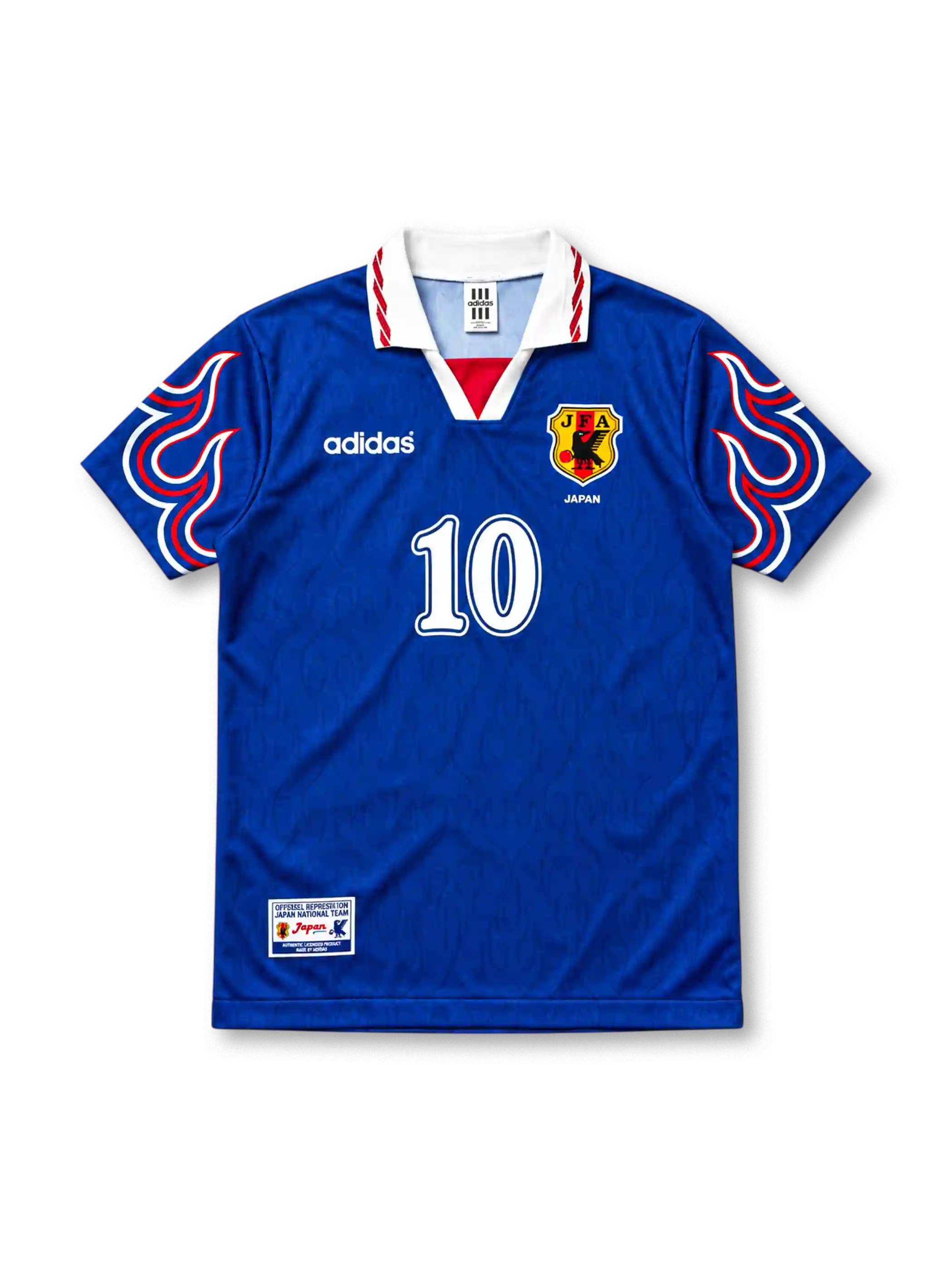 Japan 1997/98 Home Jersey Hiroshi Nanami #10, retro Japan national team soccer shirt featuring a blue base with red flame-inspired details, Japan national team crest, and Nanami name and number 10 on the back.