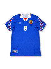 Japan 1997/98 Home Jersey Hidetoshi Nakata #8, retro Japan national team soccer shirt featuring a blue base with red flame-inspired details, Japan national team crest, and Nakata name and number 8 on the back.
