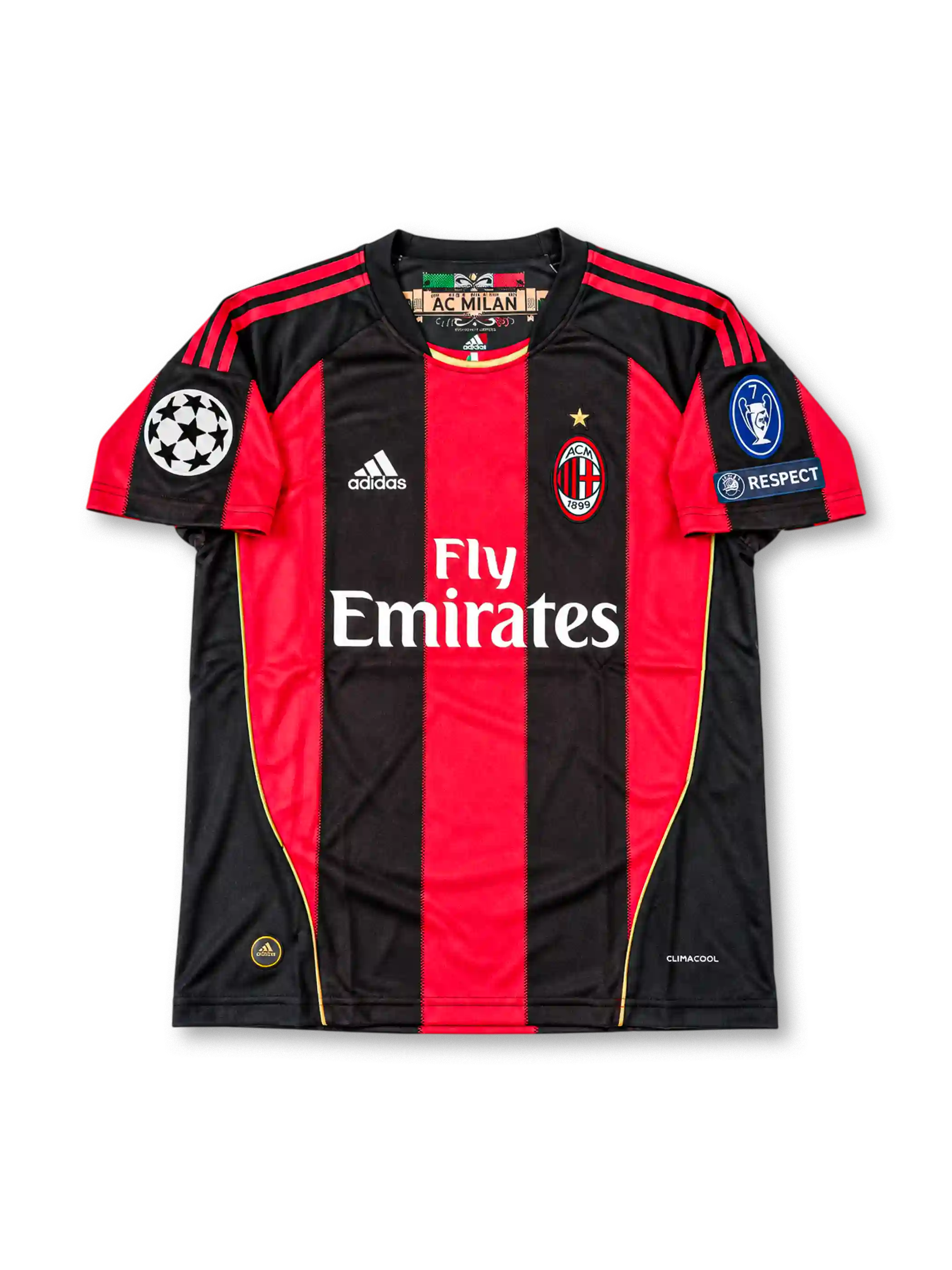 AC Milan 2010/11 UEFA Champions League Home Jersey Ronaldinho #80, classic adidas soccer shirt featuring red and black vertical stripes, AC Milan club crest, Fly Emirates sponsor logo, and Ronaldinho name and number 80 on the back.