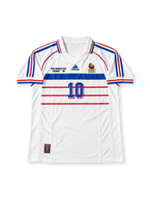France 1998 FIFA World Cup Away Jersey Zinedine Zidane #10, retro French national team soccer shirt featuring the blue away design, France national team crest, adidas branding, and Zidane name and number 10 on the back.