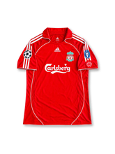 Liverpool FC 2005/06 UEFA Champions League Home Jersey Steven Gerrard #8, classic red Reebok soccer shirt featuring white accents, Liverpool club crest, Carlsberg sponsor logo, and Gerrard name and number 8 on the back.