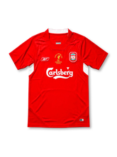 Liverpool FC 2005 UEFA Champions League Final Home Jersey Steven Gerrard #8, classic red Reebok soccer shirt featuring white accents, Liverpool club crest, Carlsberg sponsor logo, and Gerrard name and number 8 on the back.