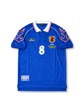 Japan 1998 FIFA World Cup Home Jersey Hidetoshi Nakata #8, retro Japan national team soccer shirt featuring a blue base with white flame-style accents, Japan national team crest, and Nakata name and number 8 on the back.