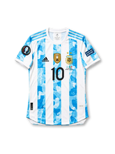Argentina 2022 Finalissima Home Jersey Lionel Messi #10, adidas national team soccer shirt featuring the iconic sky blue and white vertical stripes, Argentina national team crest, adidas branding, and Messi name and number 10 on the back.