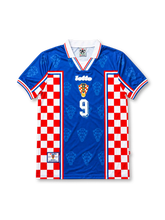 Croatia 1998 FIFA World Cup Away Jersey Davor Šuker #9, retro Croatian national team soccer shirt featuring the iconic red and white checkerboard design, Croatia national team crest, and Šuker name and number 9 on the back.