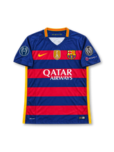 FC Barcelona 2015/16 UEFA Champions League Home Jersey Lionel Messi #10, classic Nike soccer shirt featuring blue and red vertical stripes, FC Barcelona club crest, Qatar Airways sponsor logo, UEFA Champions League sleeve badge, and Messi name and number 10 on the back.